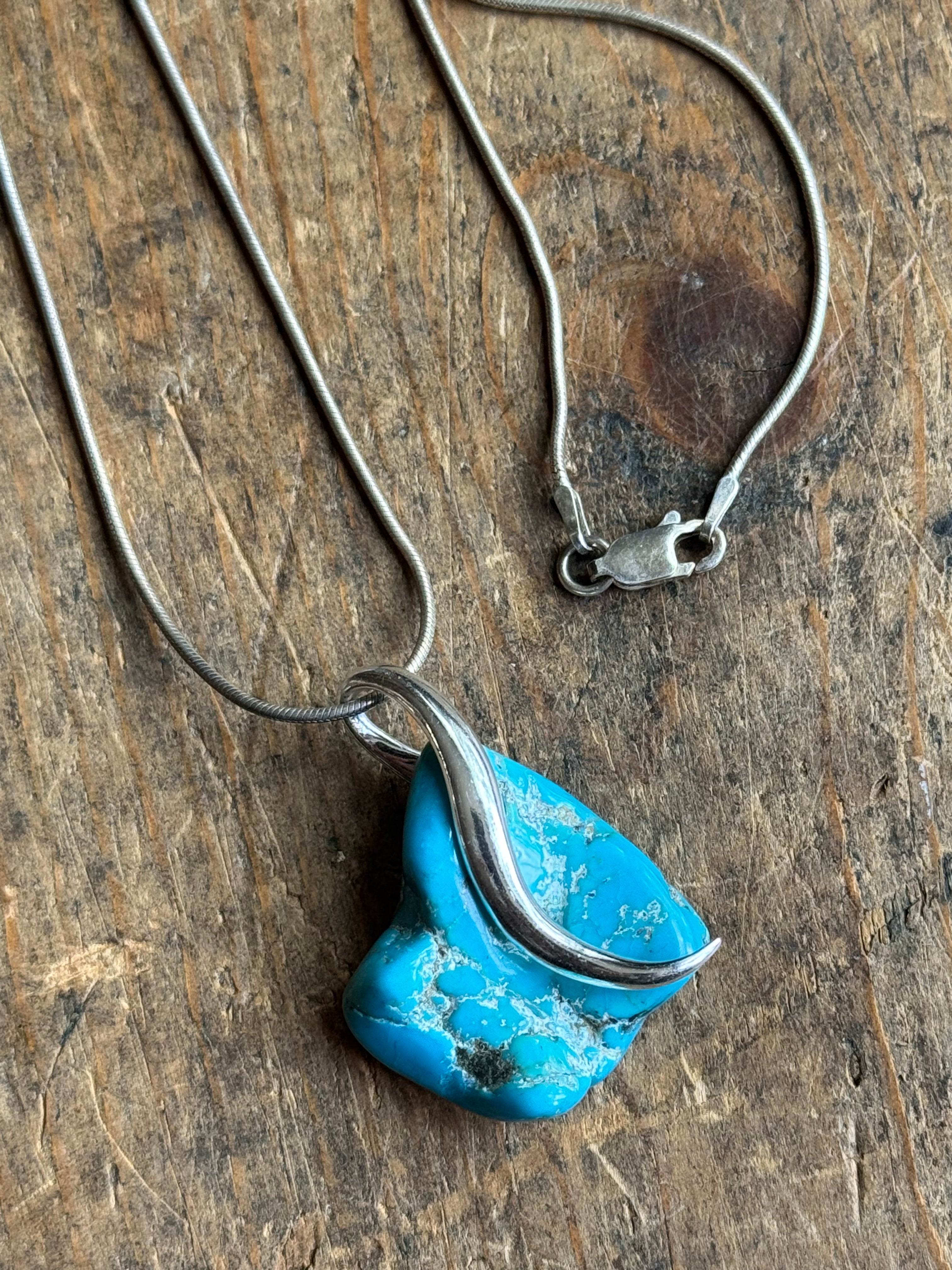 Vintage Sterling Silver Raw Turquoise Modernist Necklace