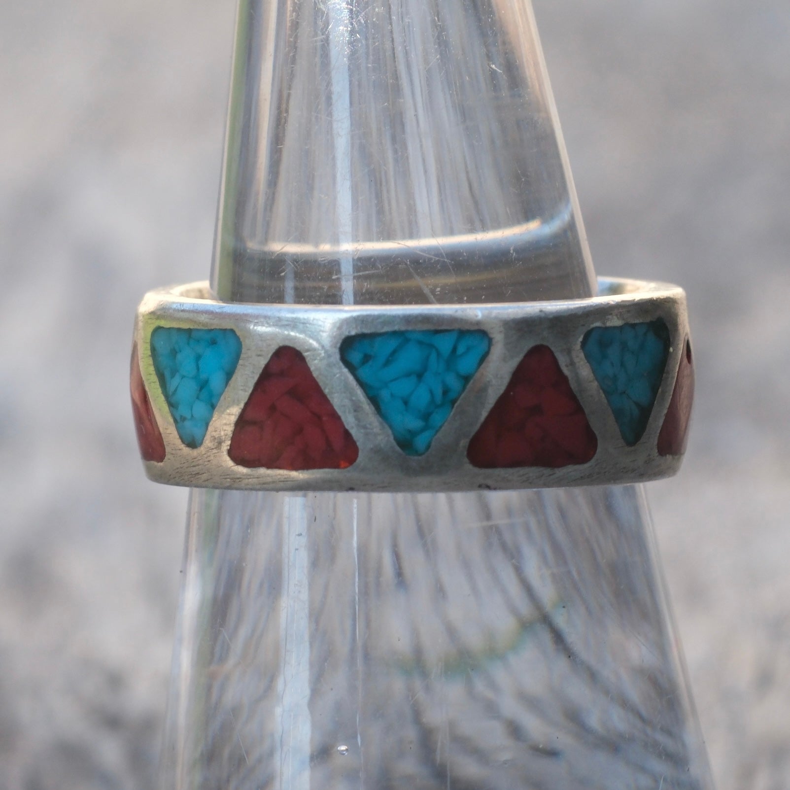 Vintage Sterling Turquoise and Coral Inlay Band 6.75