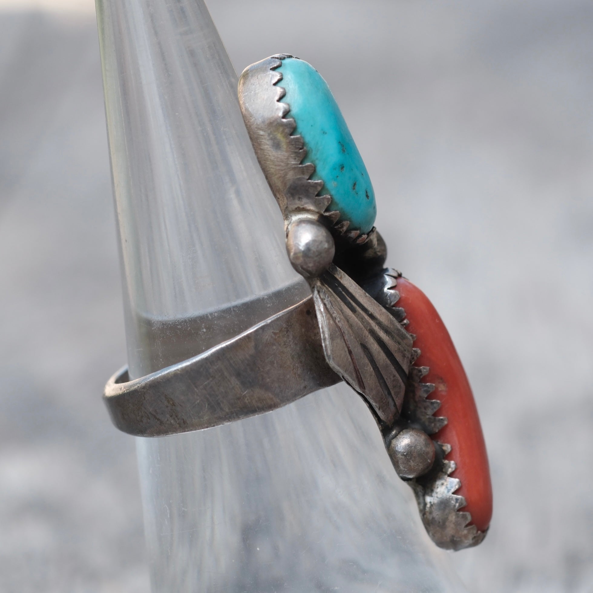 Vintage Sterling Turquoise and Coral Feather Ring 6