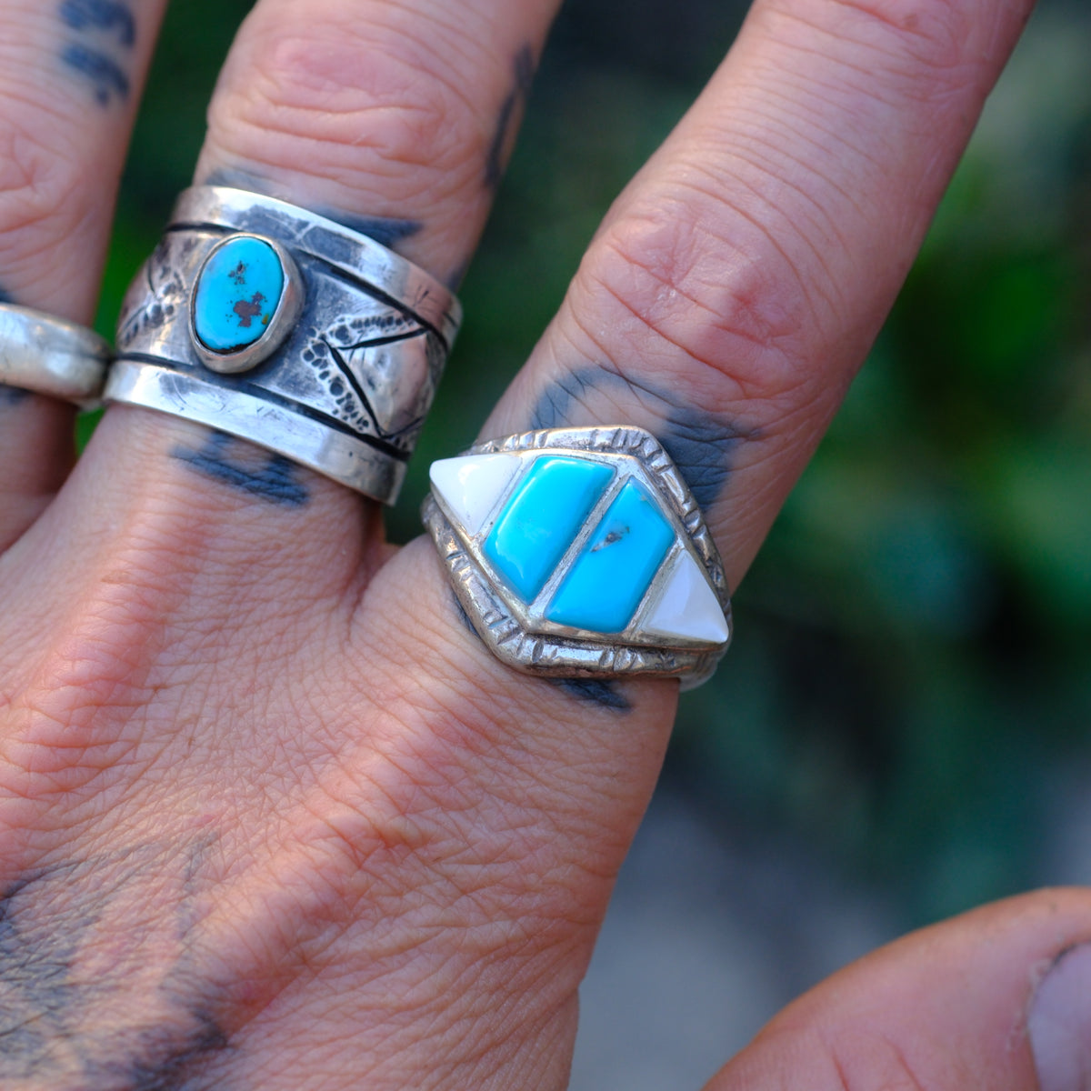 Vintage Sterling Turquoise and Mother Of Pearl Ring 10.5