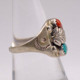 Vintage Sterling Turquoise and Coral Feather Ring 8.25