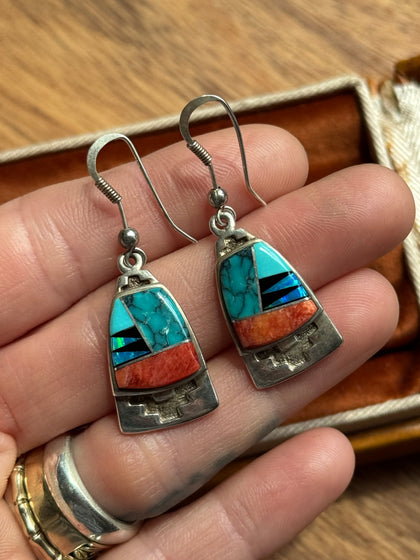 Vintage Sterling Silver Rick Toilno Navajo Multistone Inlay Earrings