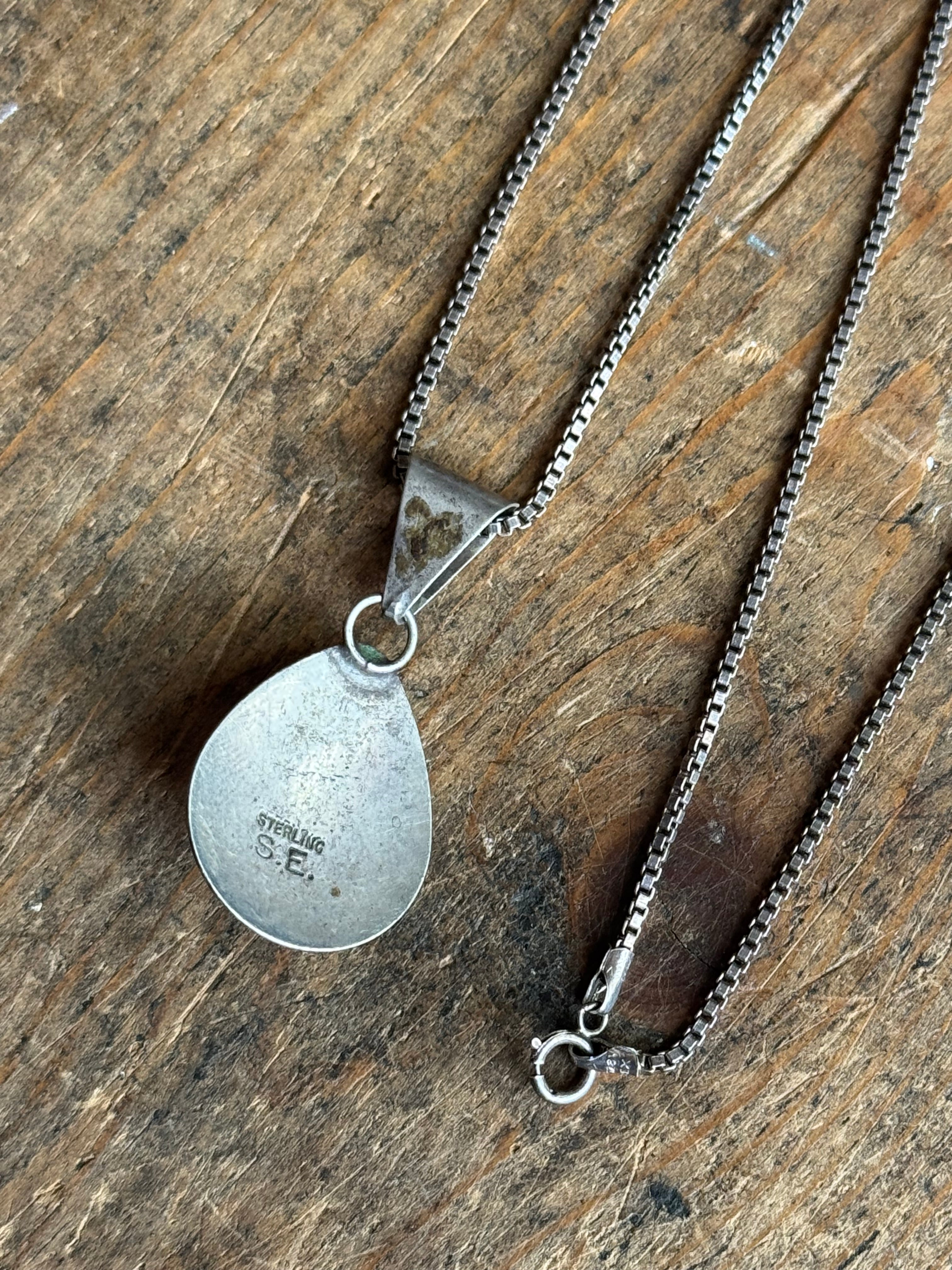 Vintage Sterling Silver Multistone Inlay Teardrop Necklace