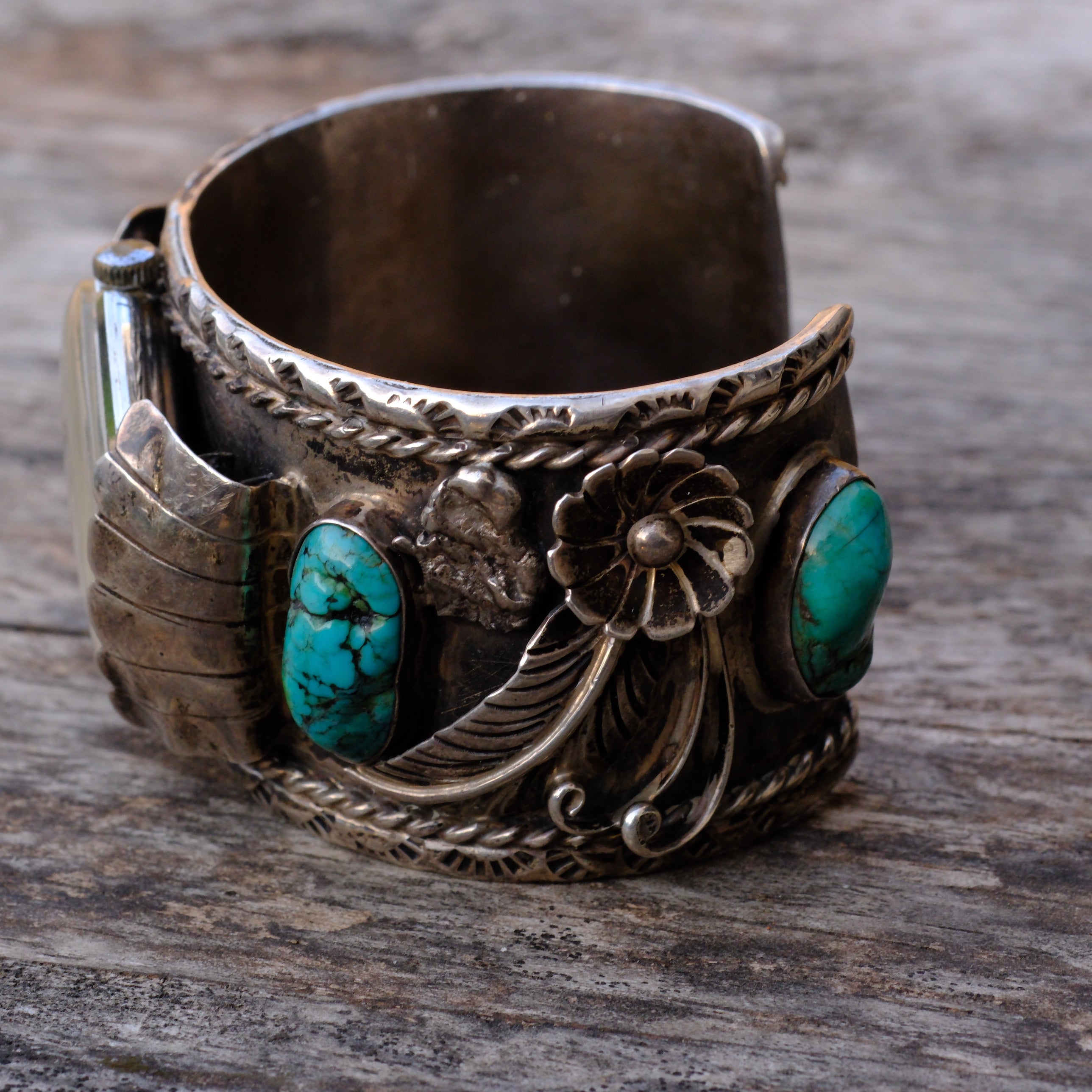 Heavy Vintage Sterling Turquoise and Coral  Cuff Watch Cuff Bracelet