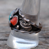 Vintage Sterling Turquoise and Coral Ring 10.25