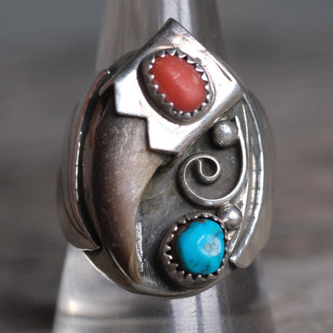 Vintage Sterling Turquoise and Coral Claw Ring 10.25