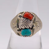 Vintage Sterling Turquoise and Coral Feather Ring 8.25