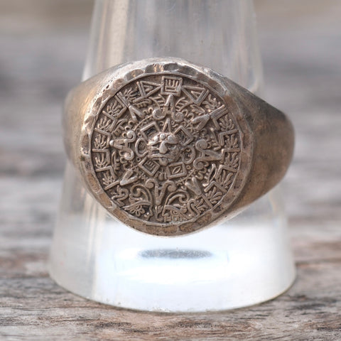 Vintage Sterling Aztec Calendar Ring 11.75