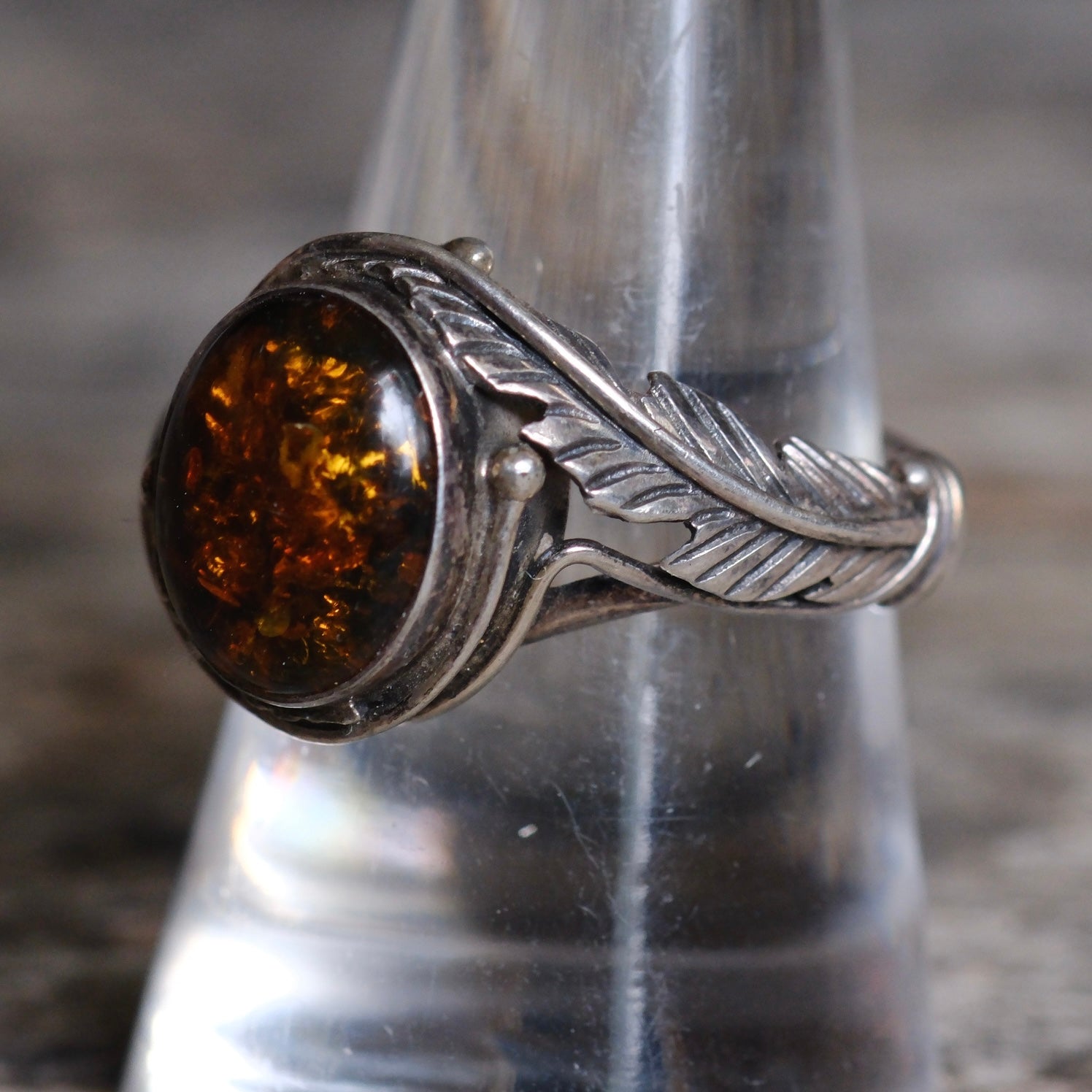 Vintage Sterling Amber Feather Ring 8.75