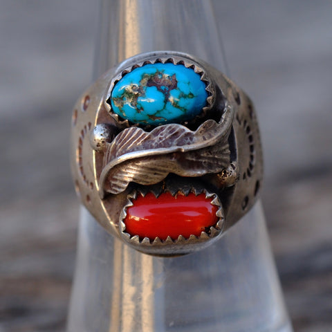 Vintage Sterling Turquoise and Coral Feather Ring 7