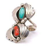 Vintage Sterling Turquoise and Coral Feather Ring 6.25