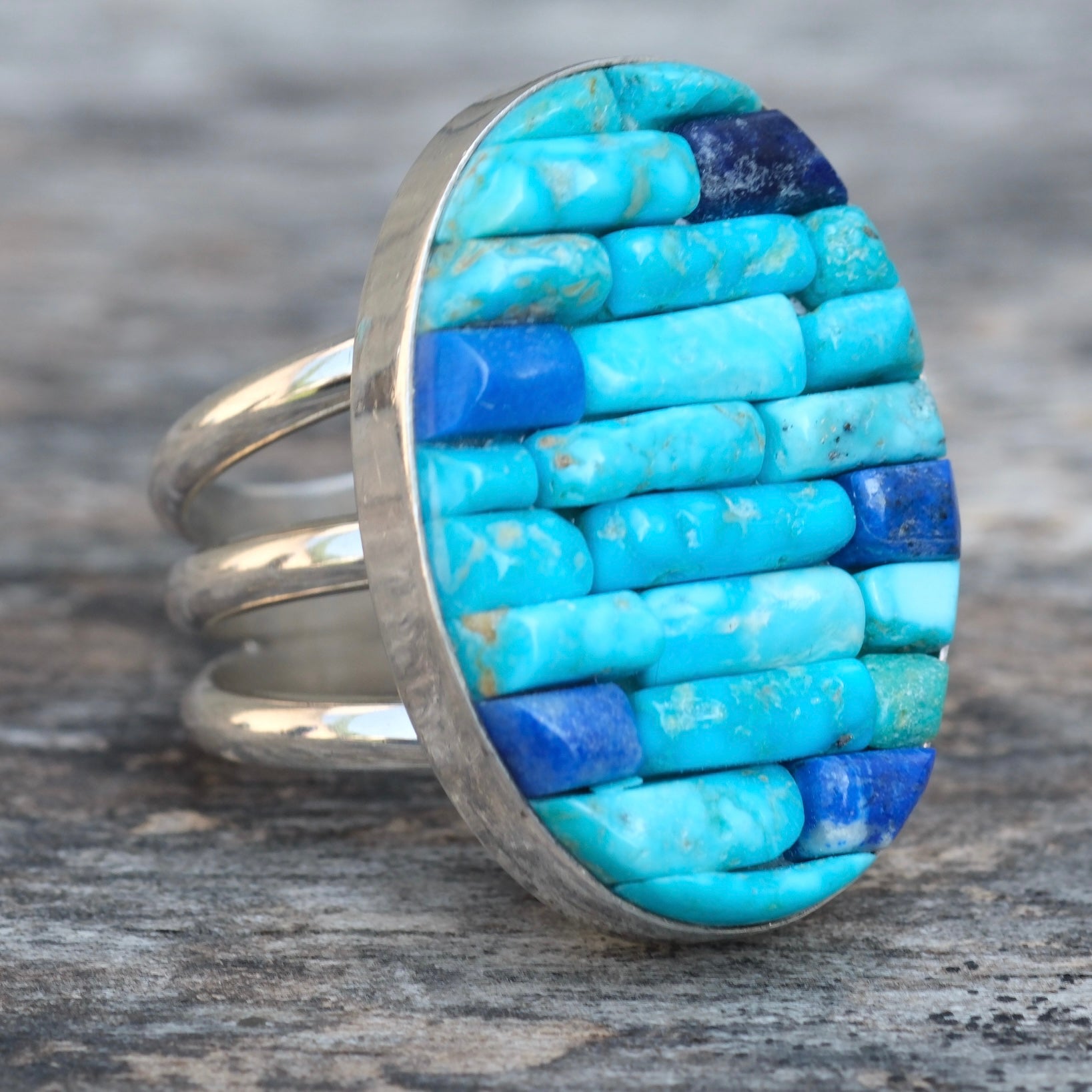 Vintage Sterling Turquoise Inlay Row Ring 8