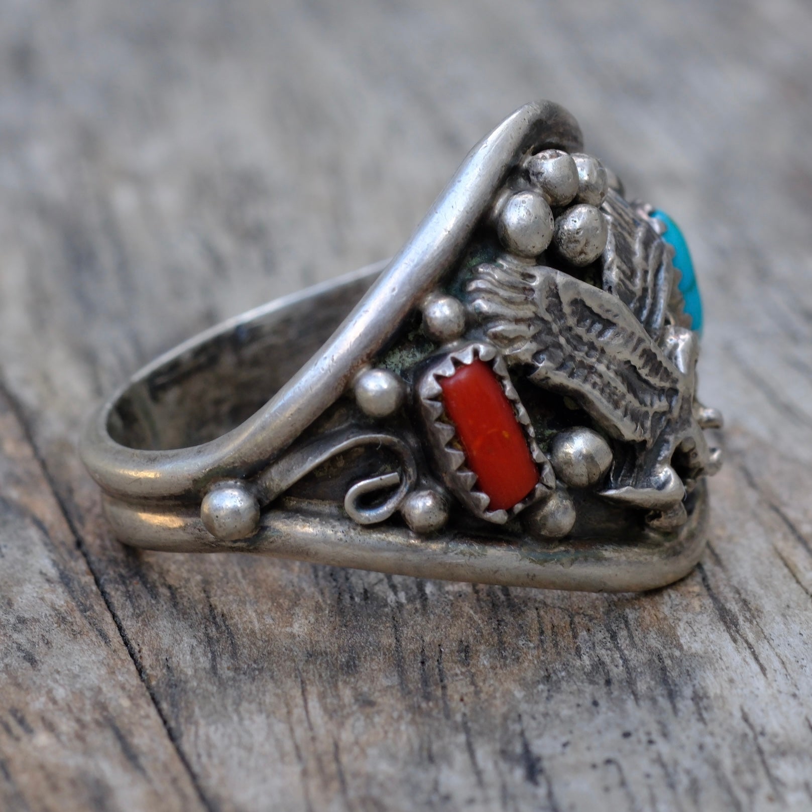 Vintage Sterling Turquoise and Coral Eagle Ring 14.5