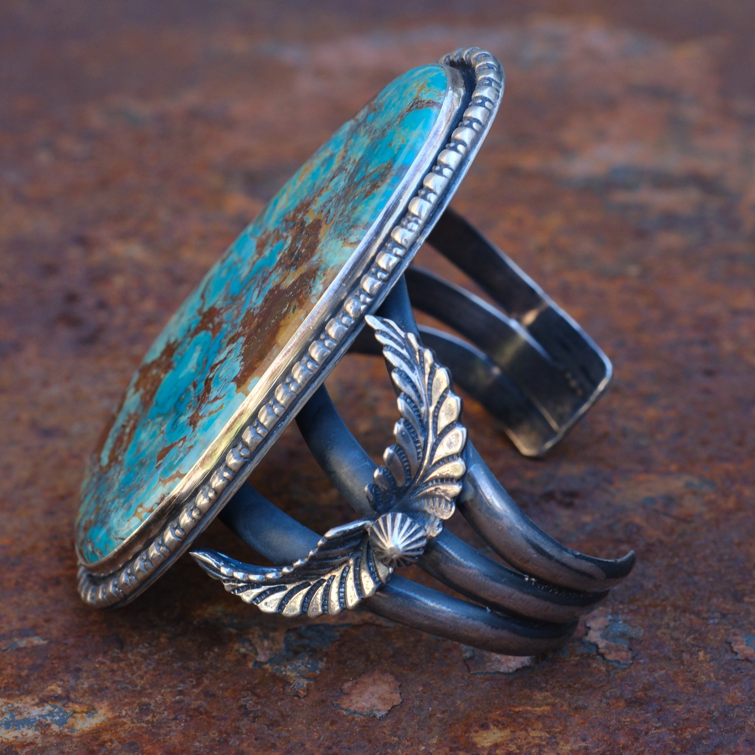 HUGE Vintage Sterling Turquoise Feather Cuff Bracelet