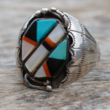 Vintage Sterling Zuni Inlay Stamped Band Ring 11