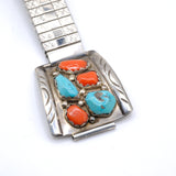 Vintage Sterling Turquoise and Coral Cluster Watch Band