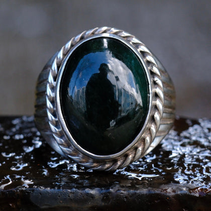 Vintage Sterling Green Jasper Ribbed Band Ring 11.5