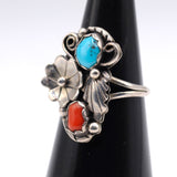 Vintage Sterling Turquoise and Coral Blossom Ring 5