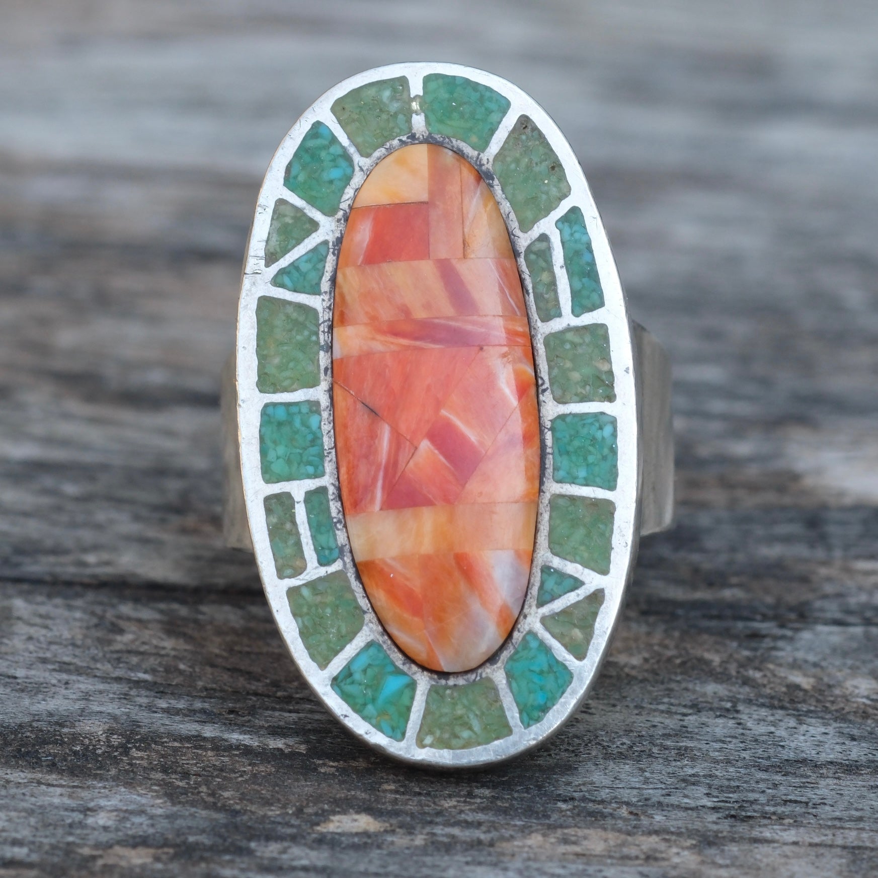 Vintage Sterling Multistone Inlay Ring 7