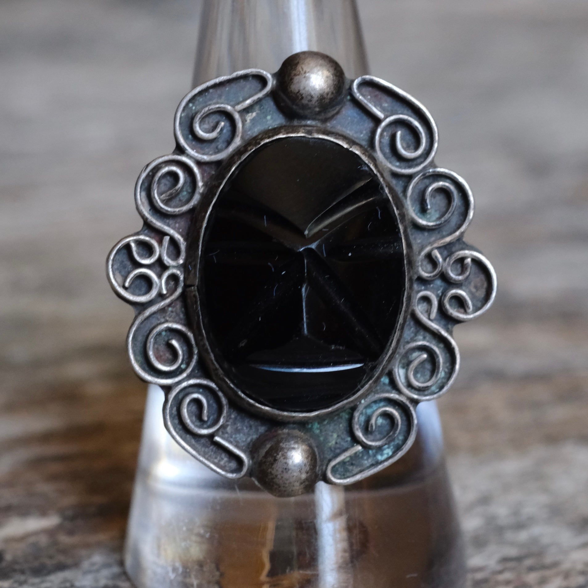 Vintage Sterling Carved Onyx Ring 8.25