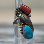 Vintage Sterling Turquoise and Coral Feather Ring 4.5