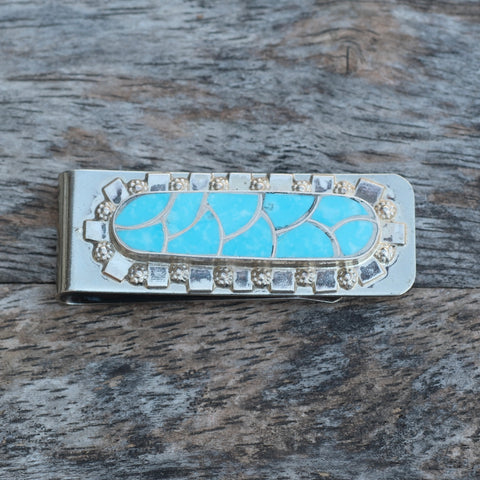 Vintage Sterling Silver Turquoise Inlay Money Clip