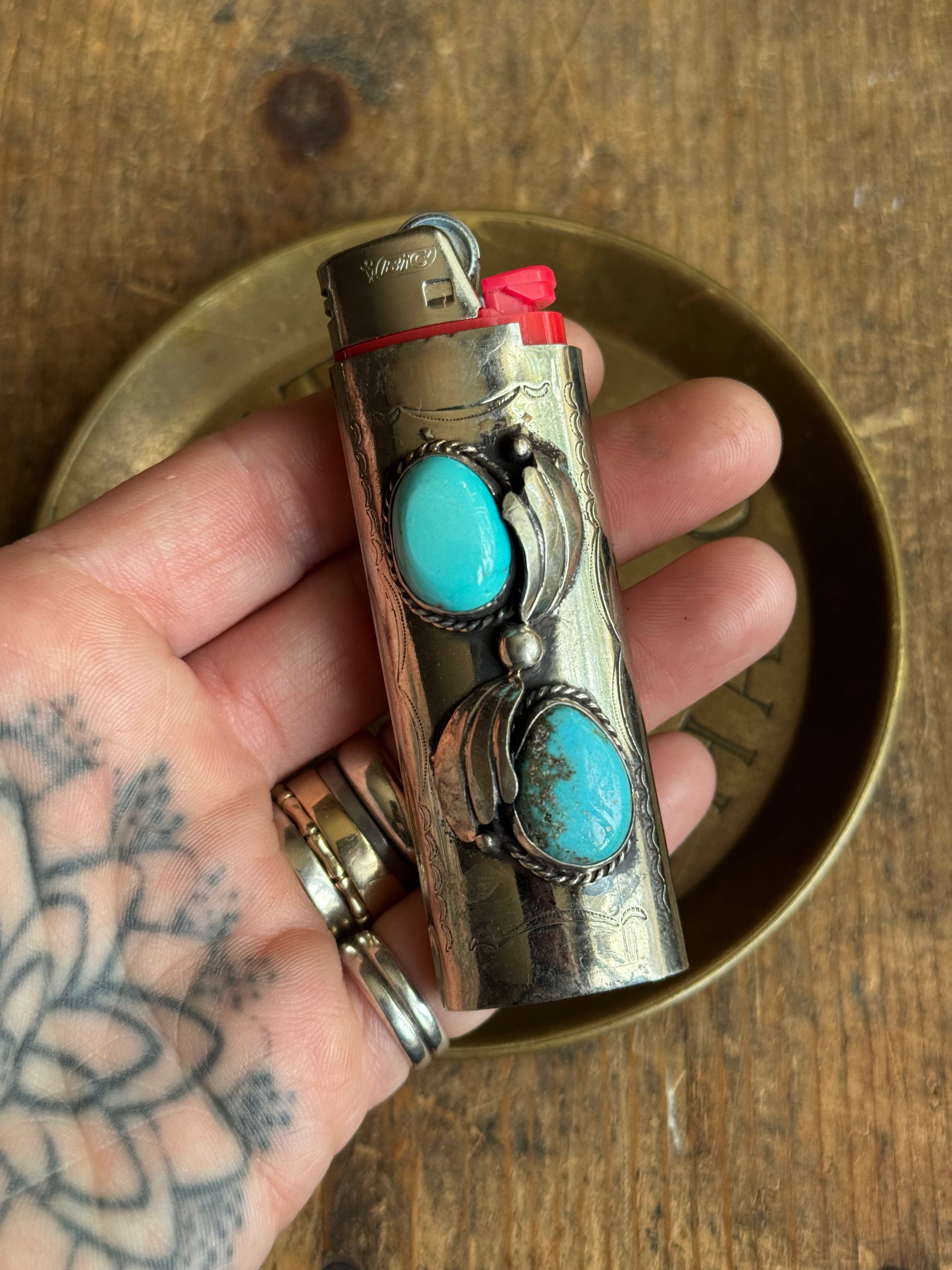 Vintage Stamped Nickel & Sterling Silver Turquoise Lighter Case