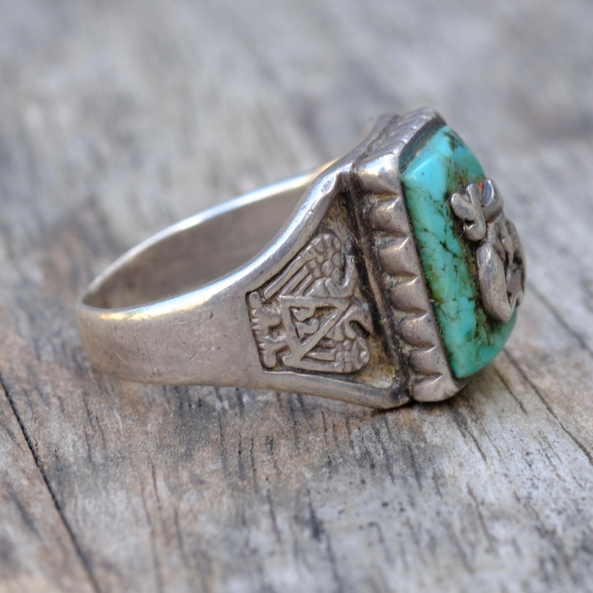 Vintage Sterling Turquoise Masonic Signet Ring 11