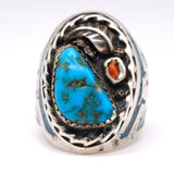Vintage Sterling Turquoise and Coral Thunderbird Ring 9.5