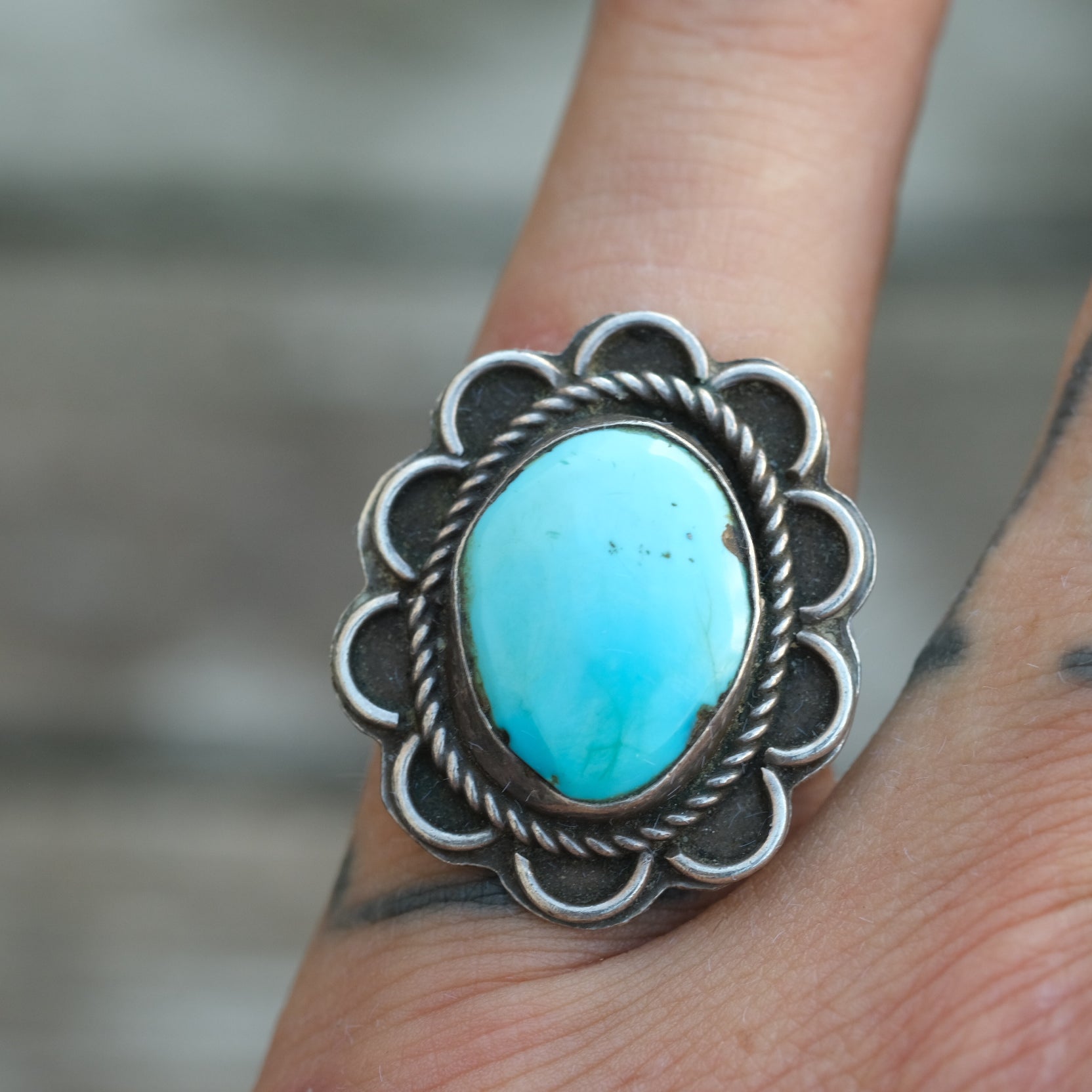 Vintage Sterling Turquoise Floral Ring 5.25