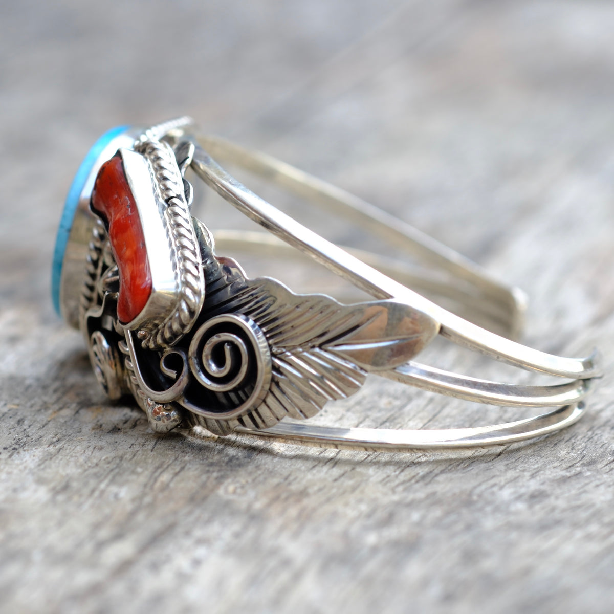 Vintage Sterling Turquoise and Coral Cuff Bracelet