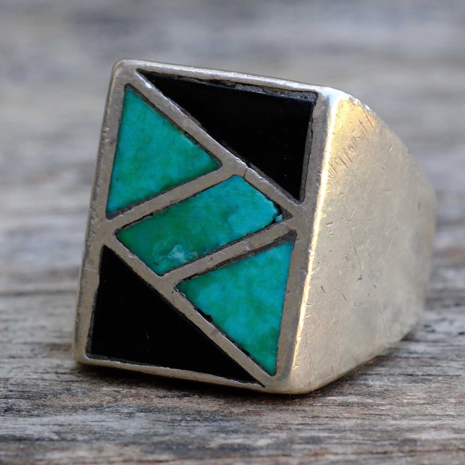 Vintage Sterling Turquoise and Onyx Inlay Ring 9.25