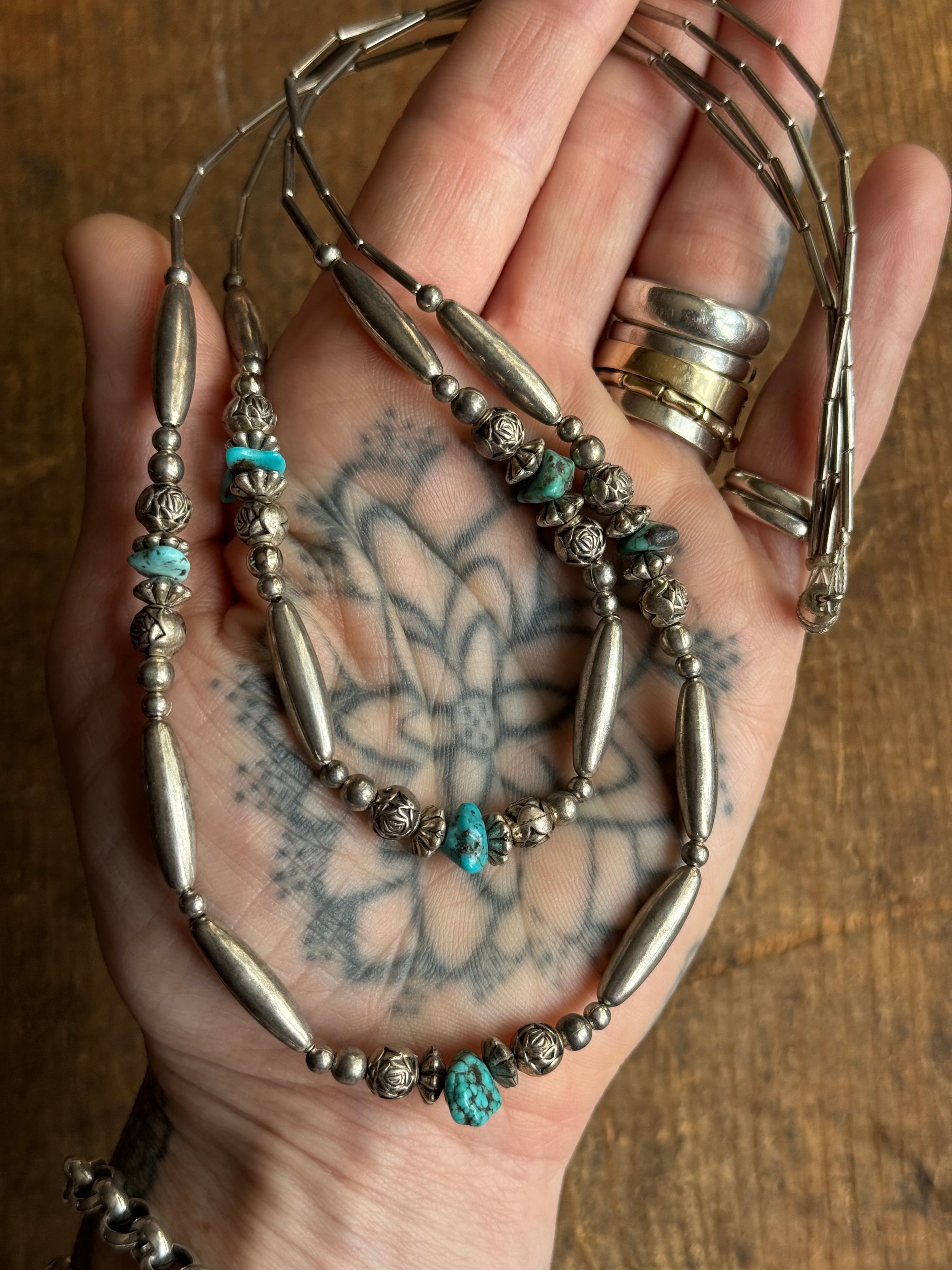 Vintage Raw Turquoise & Sterling Silver Double Strand Liquid Silver Beaded Necklace