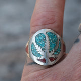 Vintage Sterling Crushed Turquoise and Coral Inlay Sweet Leaf Ring 8.5