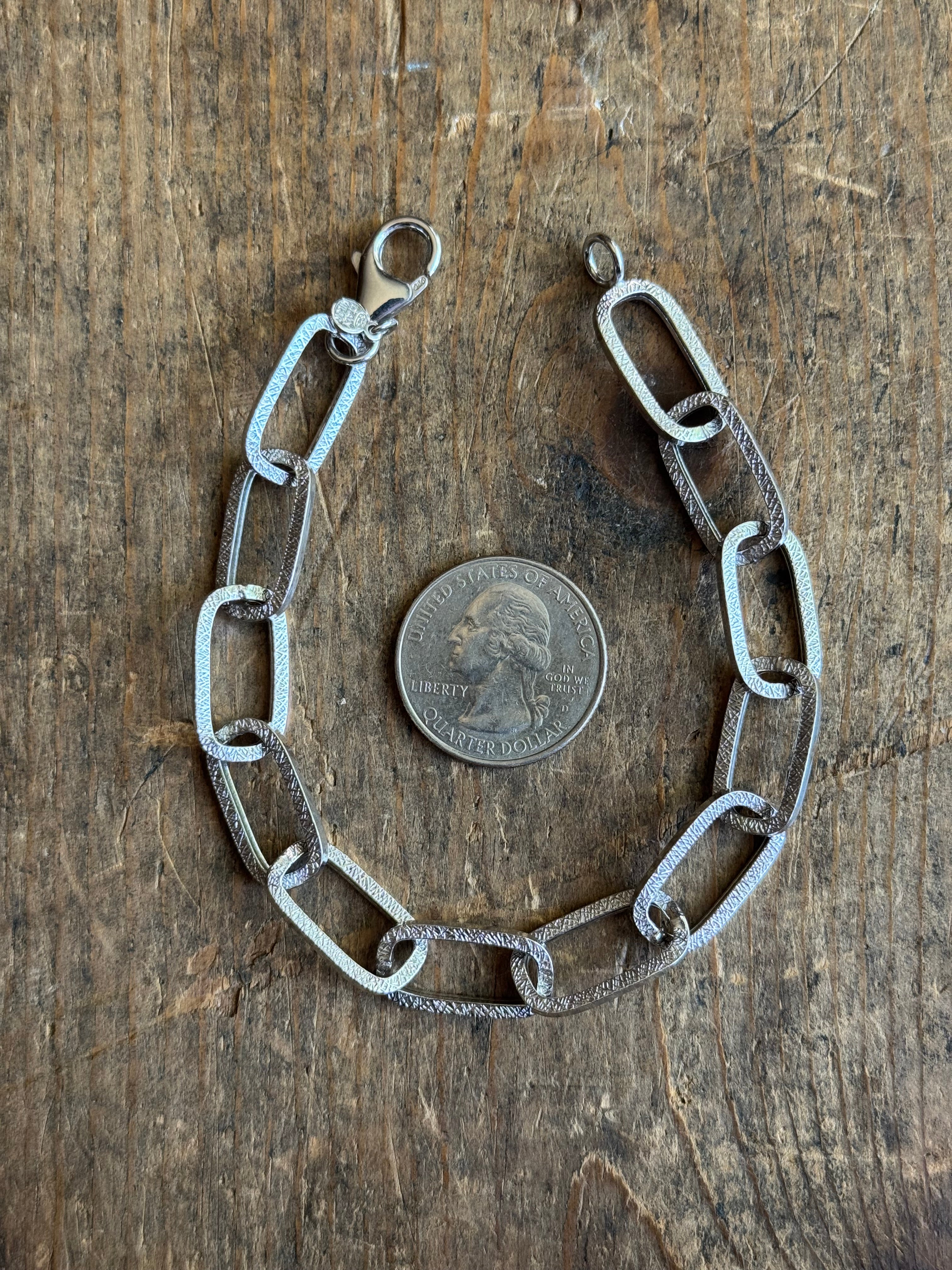 Vintage Sterling Silver Textured Square Oval Link Bracelet 8.5"