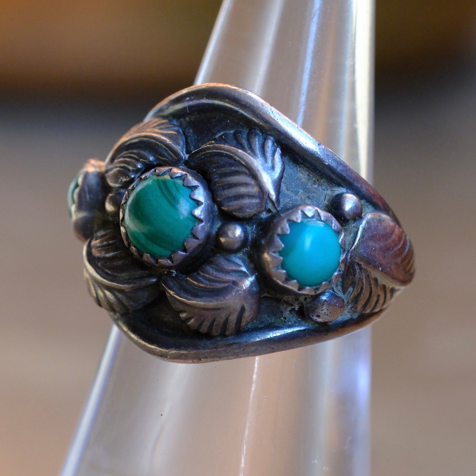 Vintage Sterling Malachite Feather Ring 5.75