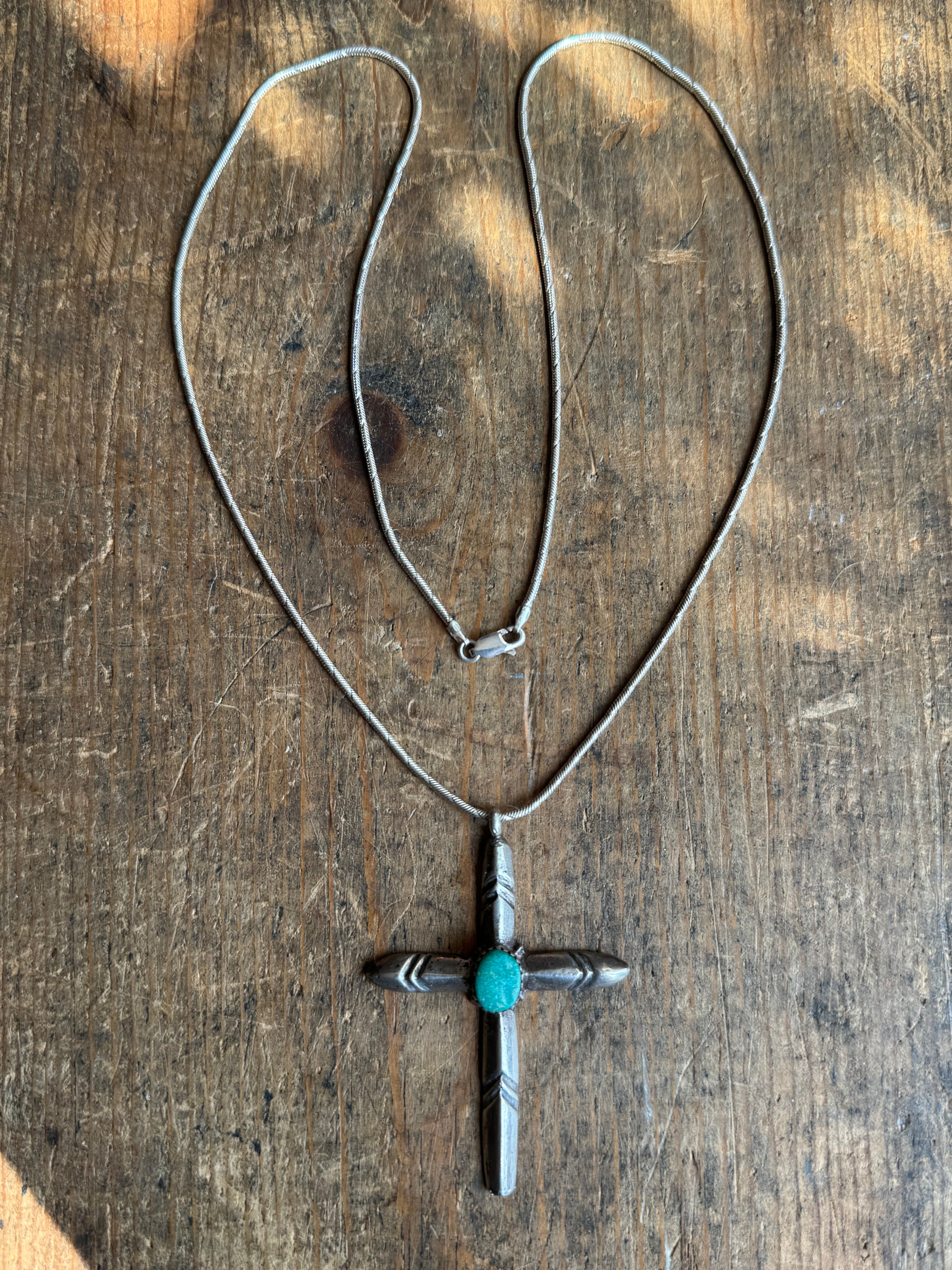 Vintage Sterling Silver Turquoise Cross 23" Necklace