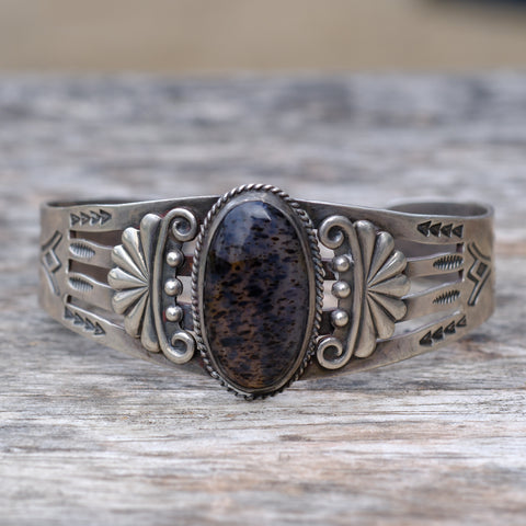 Vintage Sterling Agate Stamped Cuff Bracelet