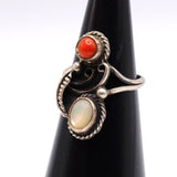 Vintage Sterling Mother OF Pearl and Coral Feather Ring 3.75