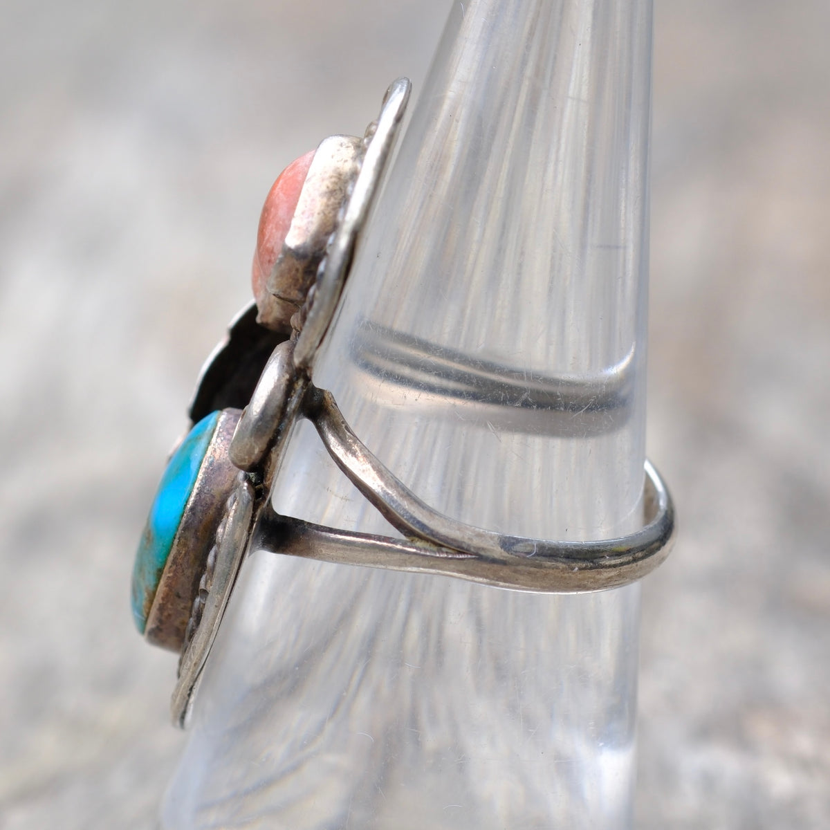 Vintage Sterling Turquoise and Coral Feather Ring 6.5