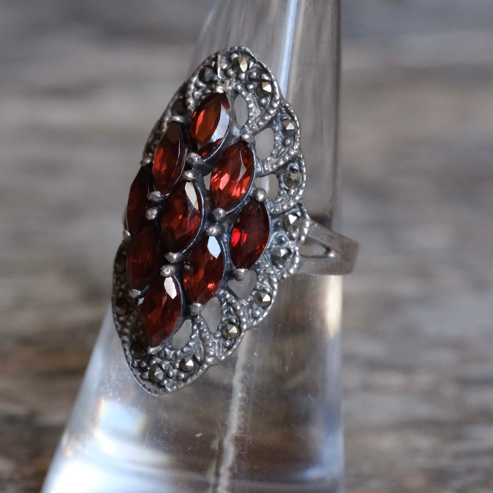 Vintage Sterling Red Glass Marcasite Ring 6.5