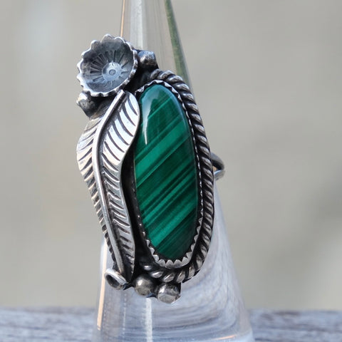 Vintage Sterling Malachite Feather Ring 6.25