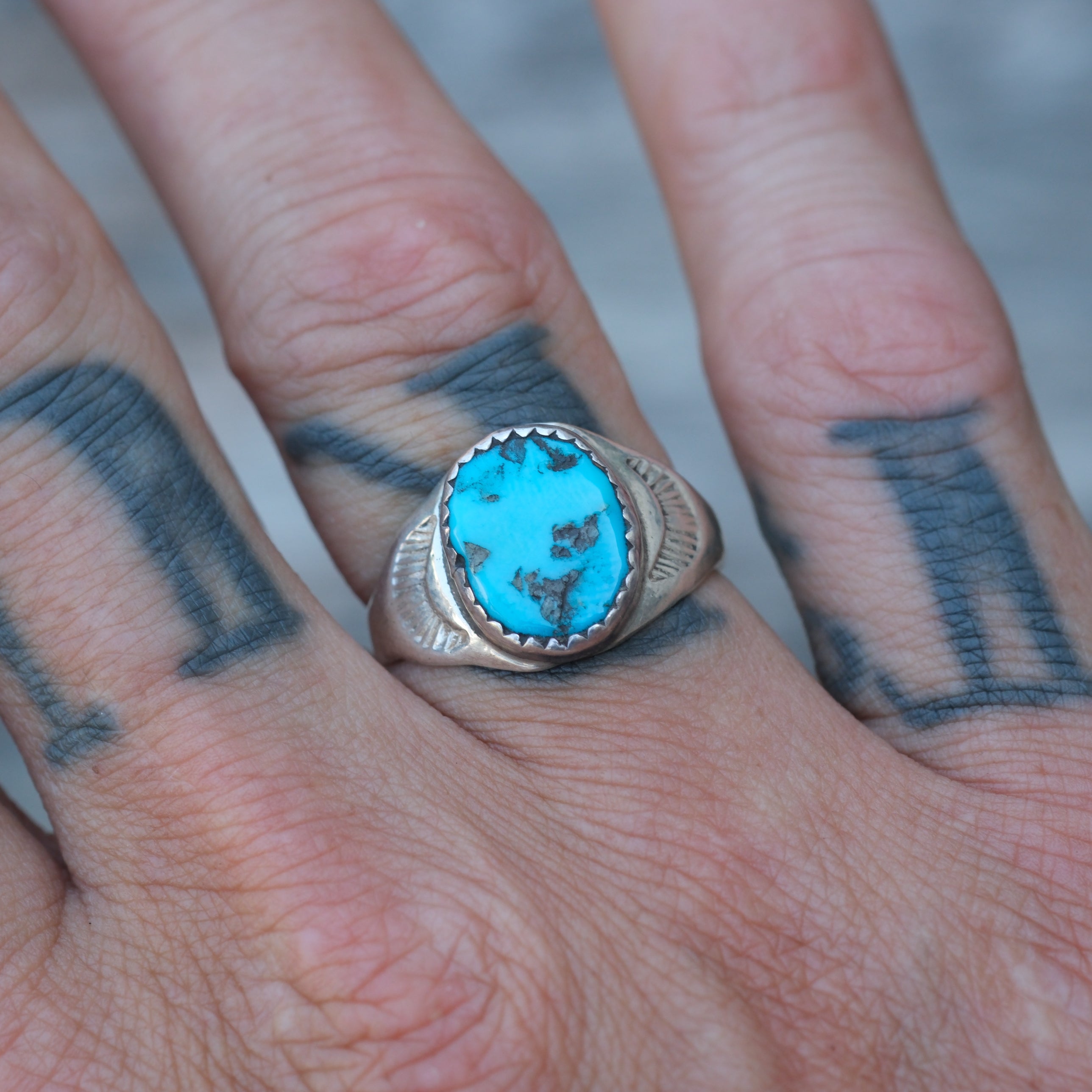 Vintage Sterling Turquoise Stamped Band Ring 8.5