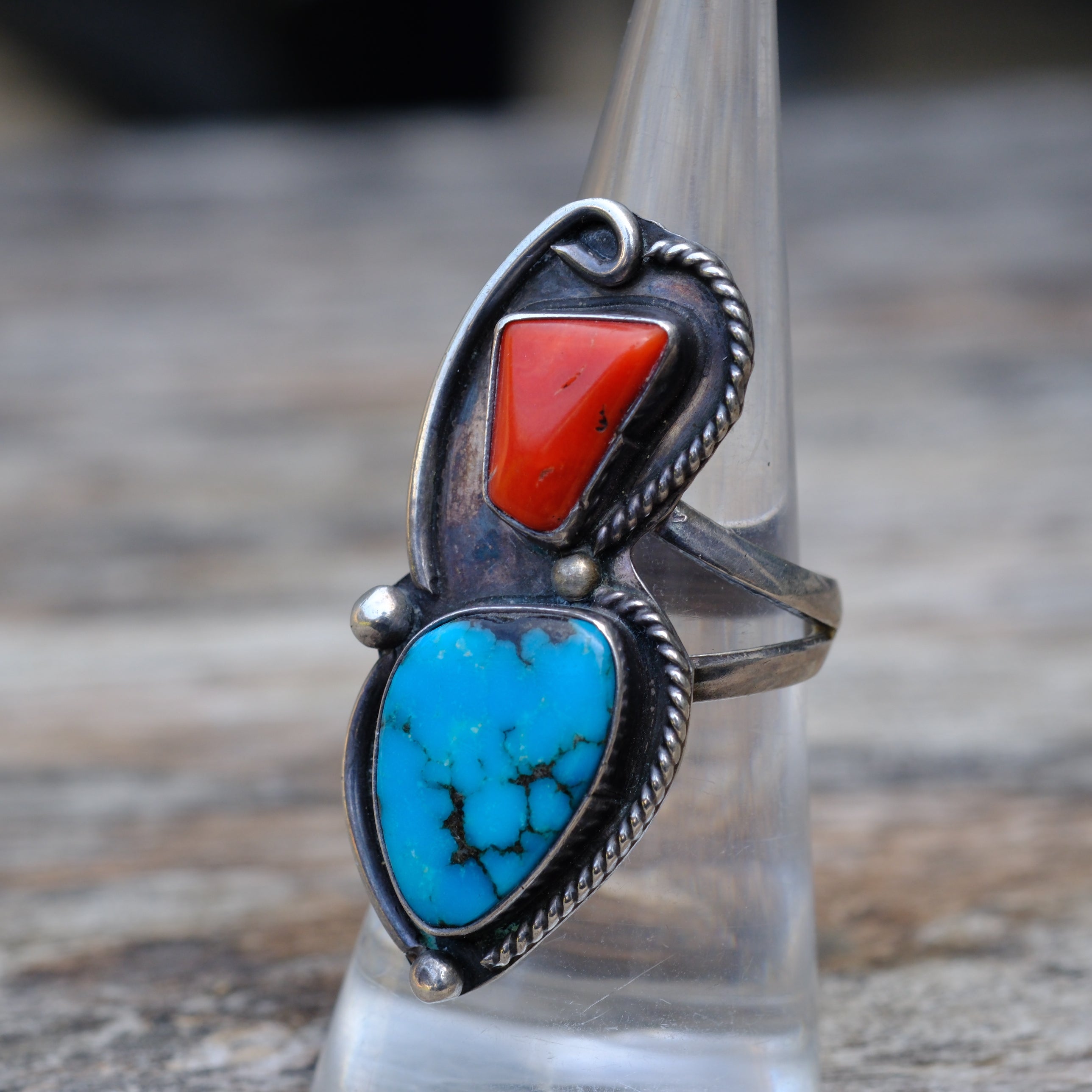 Vintage Sterling Turquoise and Coral Ring 6.75