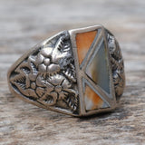 Vintage Sterling Mother Of Pearl and Spiny Oyster Inlay Floral Ring 9.5