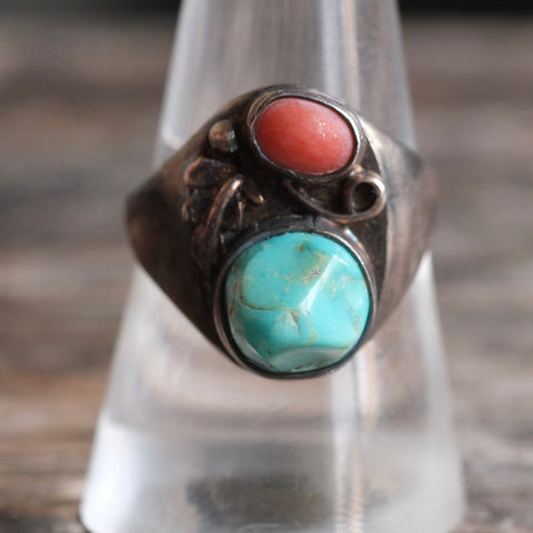 Vintage Sterling Turquoise and Coral Ring 9.25