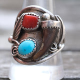 Vintage Sterling Turquoise and Coral Claw Ring 11