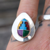 Vintage Sterling Multistone Inlay Ring 7