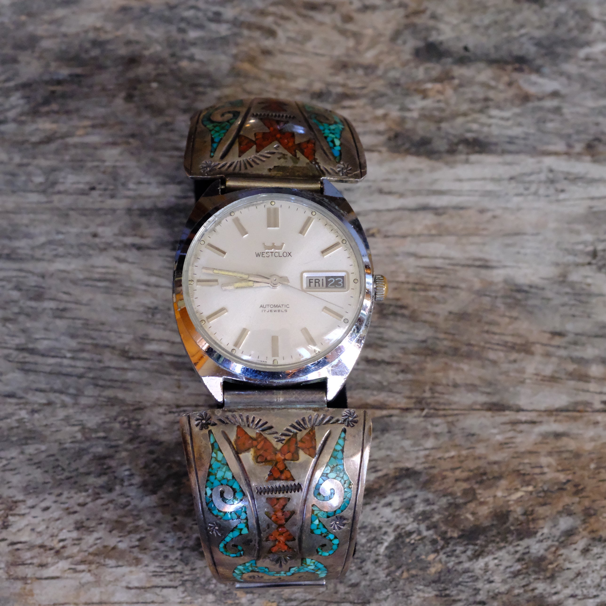 Vintage Sterling Crushed Turquoise and Coral Inlay Ring