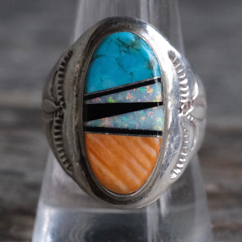 Vintage Sterling Zuni Inlay Stamped Band Ring 9.75